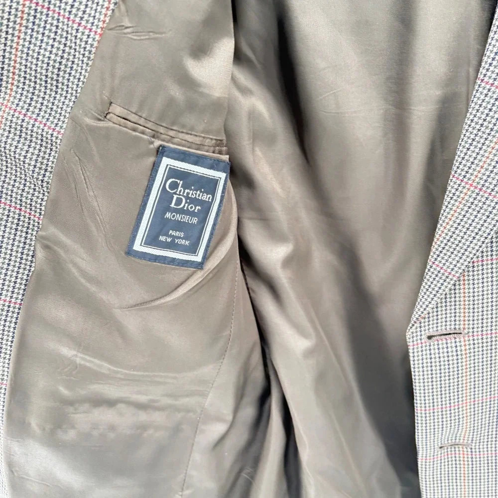 Christian Dior Monsieur‎ Mens Brown Wool Houndstooth Plaid Blazer Sport Coat 42R
